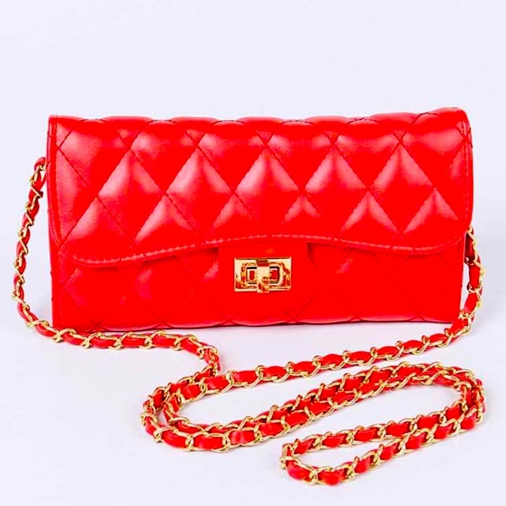 Red Faux Lambskin Quilted Leather Removable Gold Chain Strap Crossbody Wallet